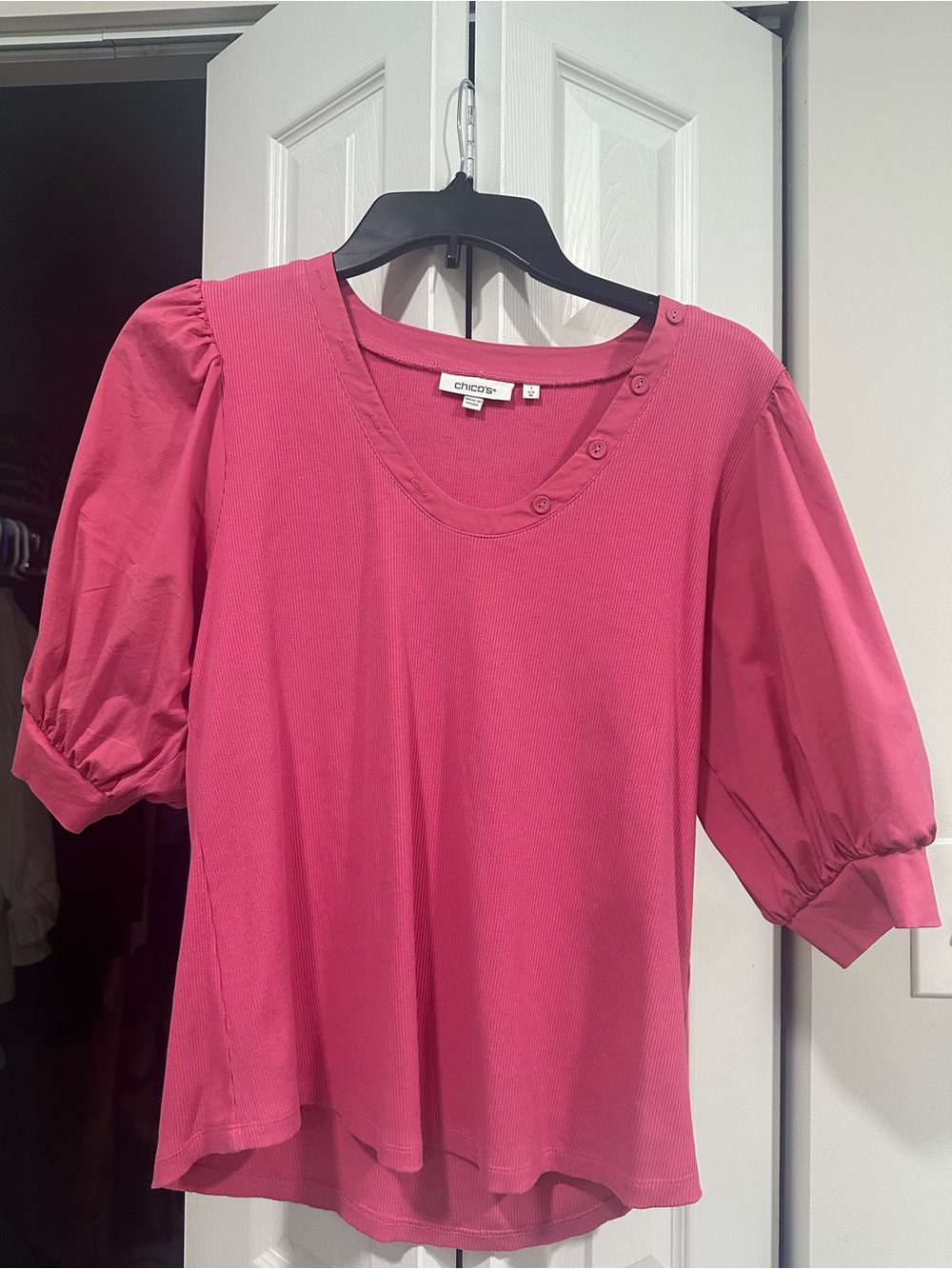 Chico's Hot Pink Puff-Sleeve Tee with Button Detail